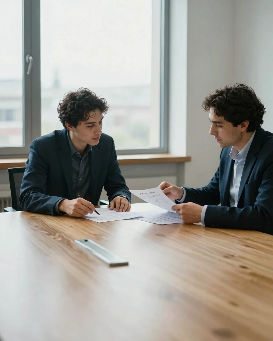Editorial corporate photograph of two colleagues reviewing printe