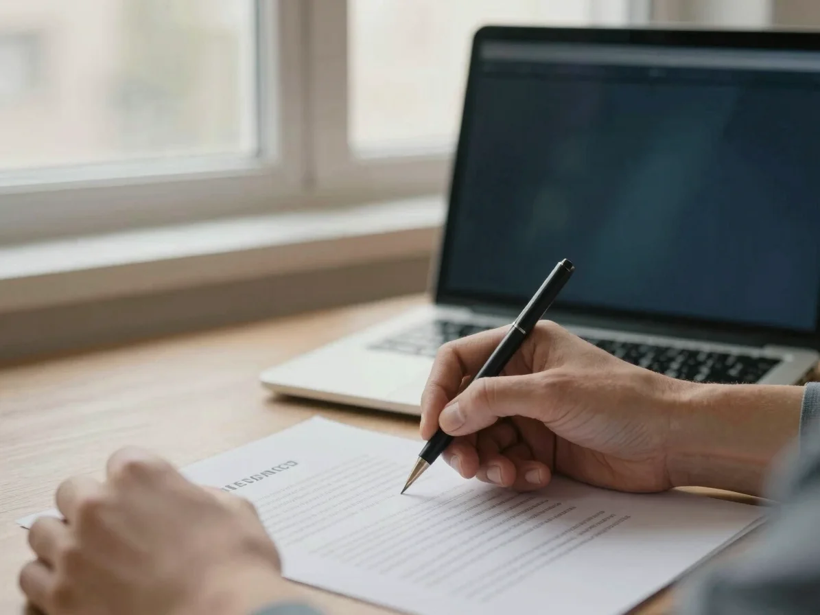 Close detail of hands signing a document beside a laptop with an