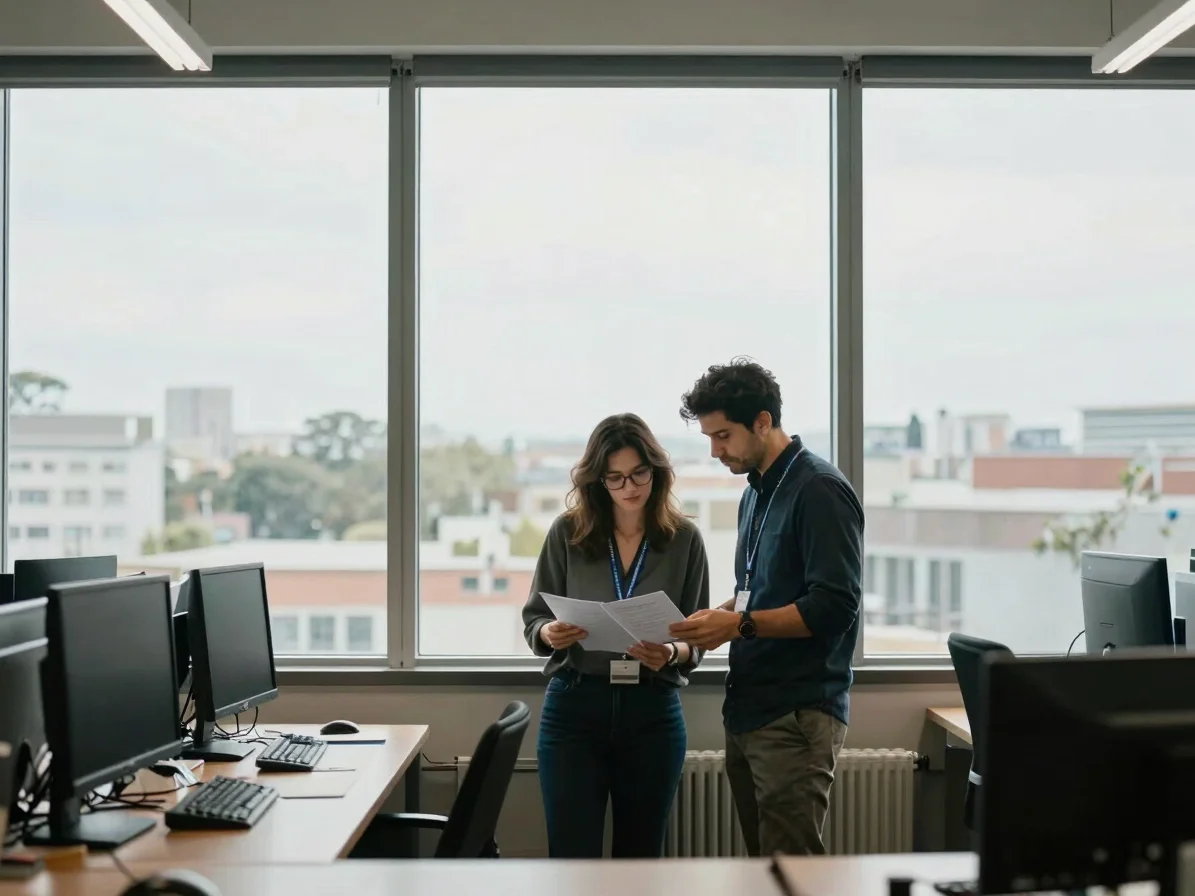 Contemporary work environment, two professionals collaborating ov